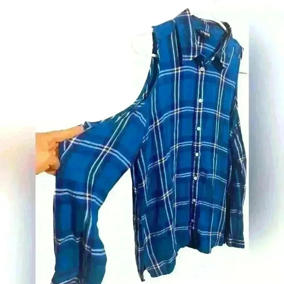 Express Women’s Open/Cold Shoulder Blouse Top Medium Blue Plaid Long Sleeve - Picture 3 of 5